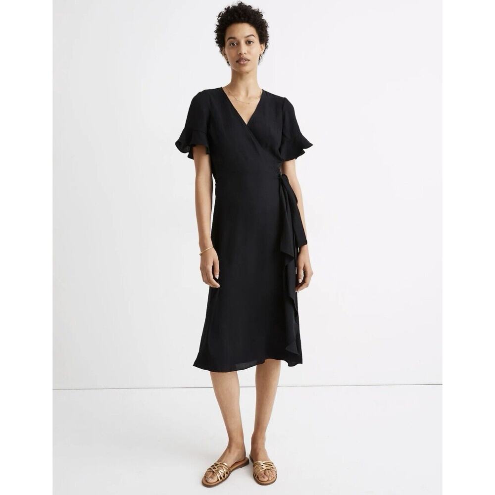 Madewell Ruffle-Sleeve Wrap Dress, Black, Size: XXS